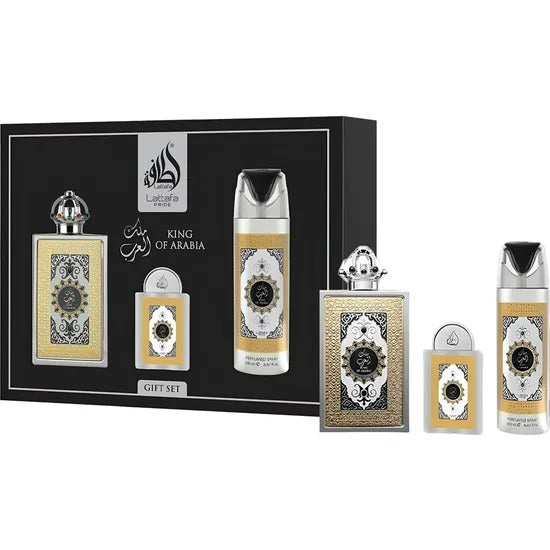 Kit Lattafa Pride King of Arabia EDP 100ml + Miniatura 20ml + Desodorante 200ml Masculino