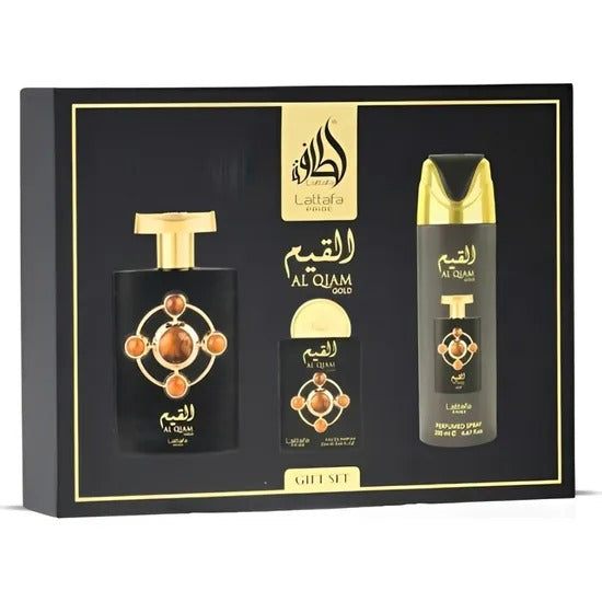 Kit Lattafa Pride Al Qiam Gold EDP 100ml + Desodorante Spray + Miniatura 20ml Masculino