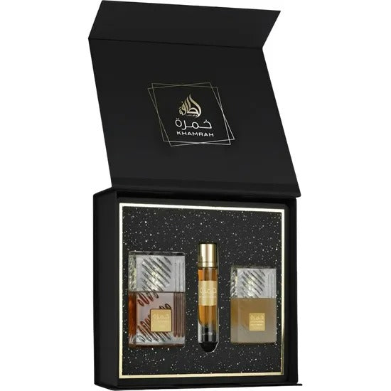 Kit Lattafa Khamrah EDP 100ml + Miniatura 20ml + Hair Mist 50ml Unissex